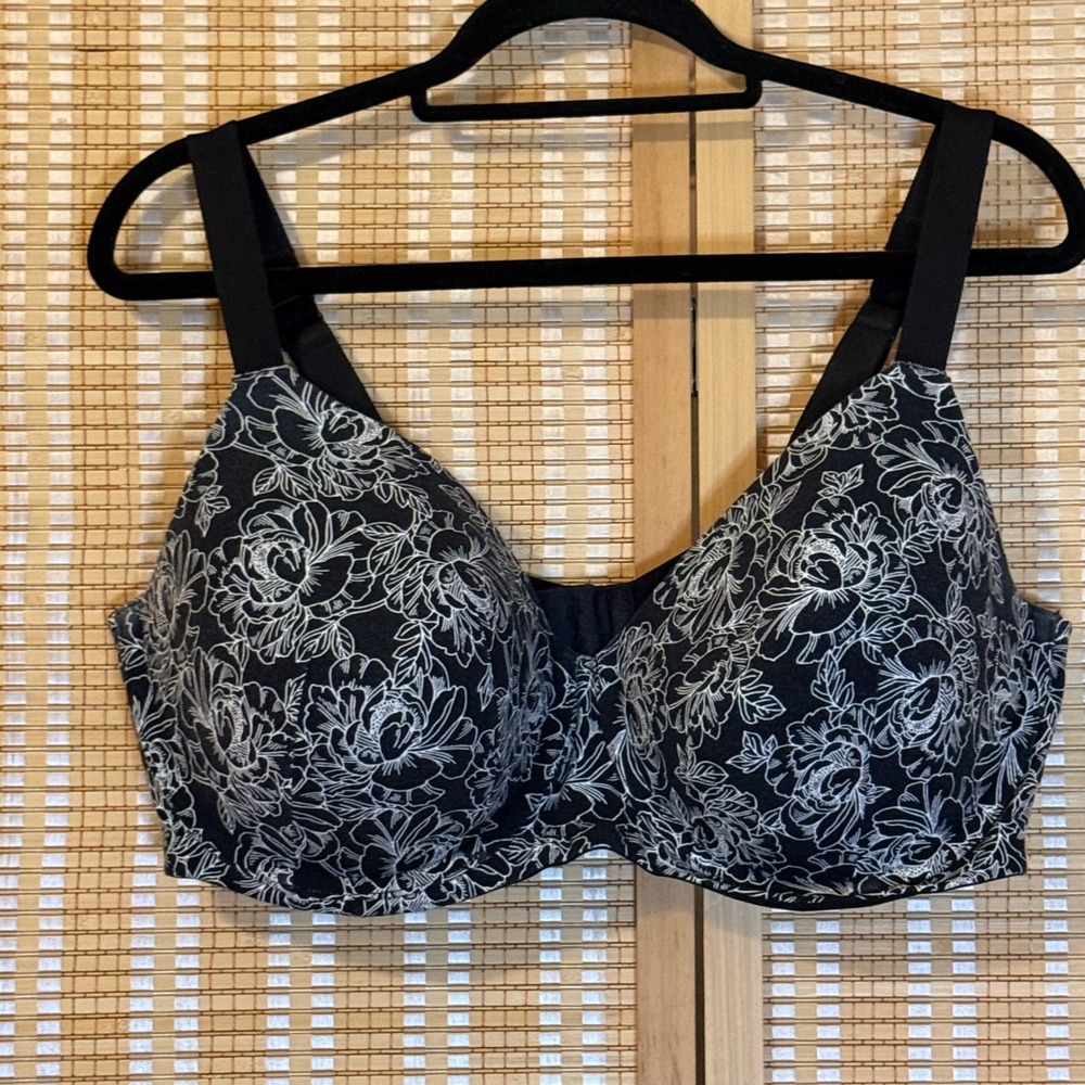 Ambrielle Organic Cotton Full Coverage Bra 40DDD Black White Floral Underwire